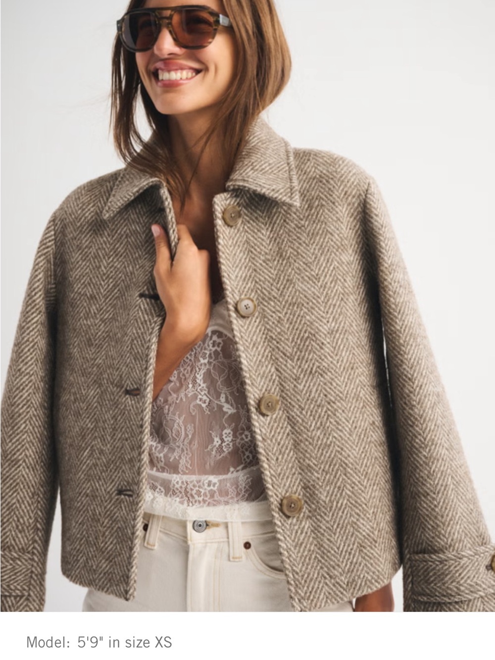 Abercrombie & Fitch Short Herringbone Wool-Blend Coat in Taupe